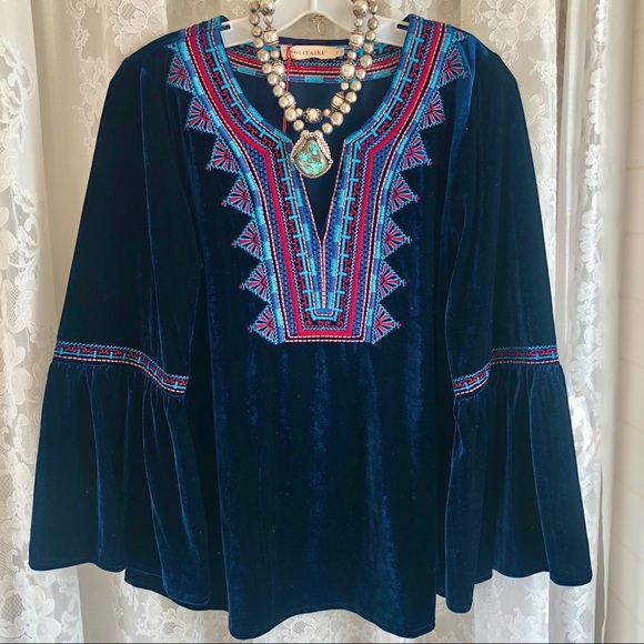 SOLITAIRE * NWT Blue Velvet Embroidered Boho Bell-Sleeve Top - Picture 11 of 11